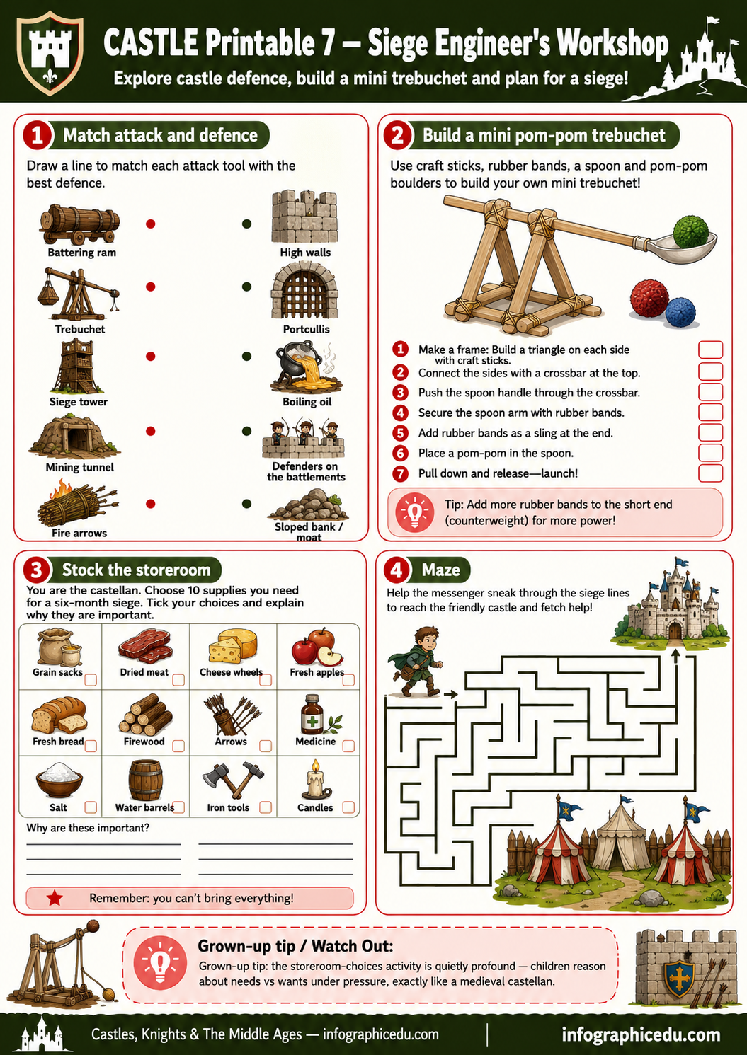 Castle-themed educational worksheet with activities for a siege engineer's workshop.