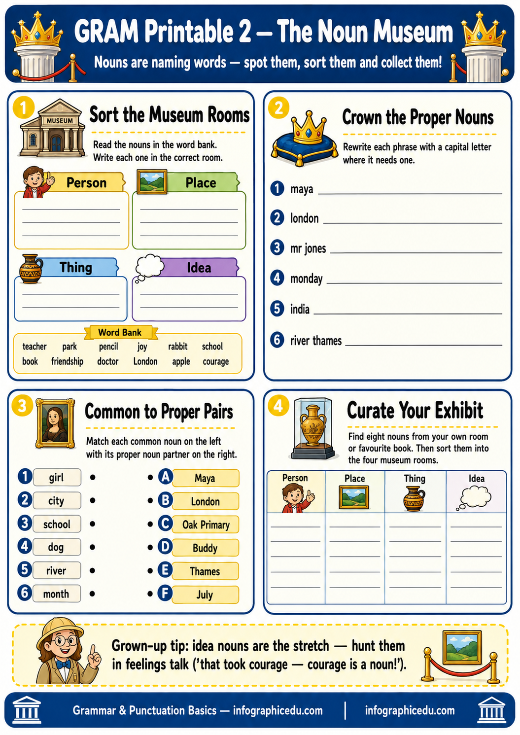 Educational worksheet from The Noun Museum with various activities on nouns.