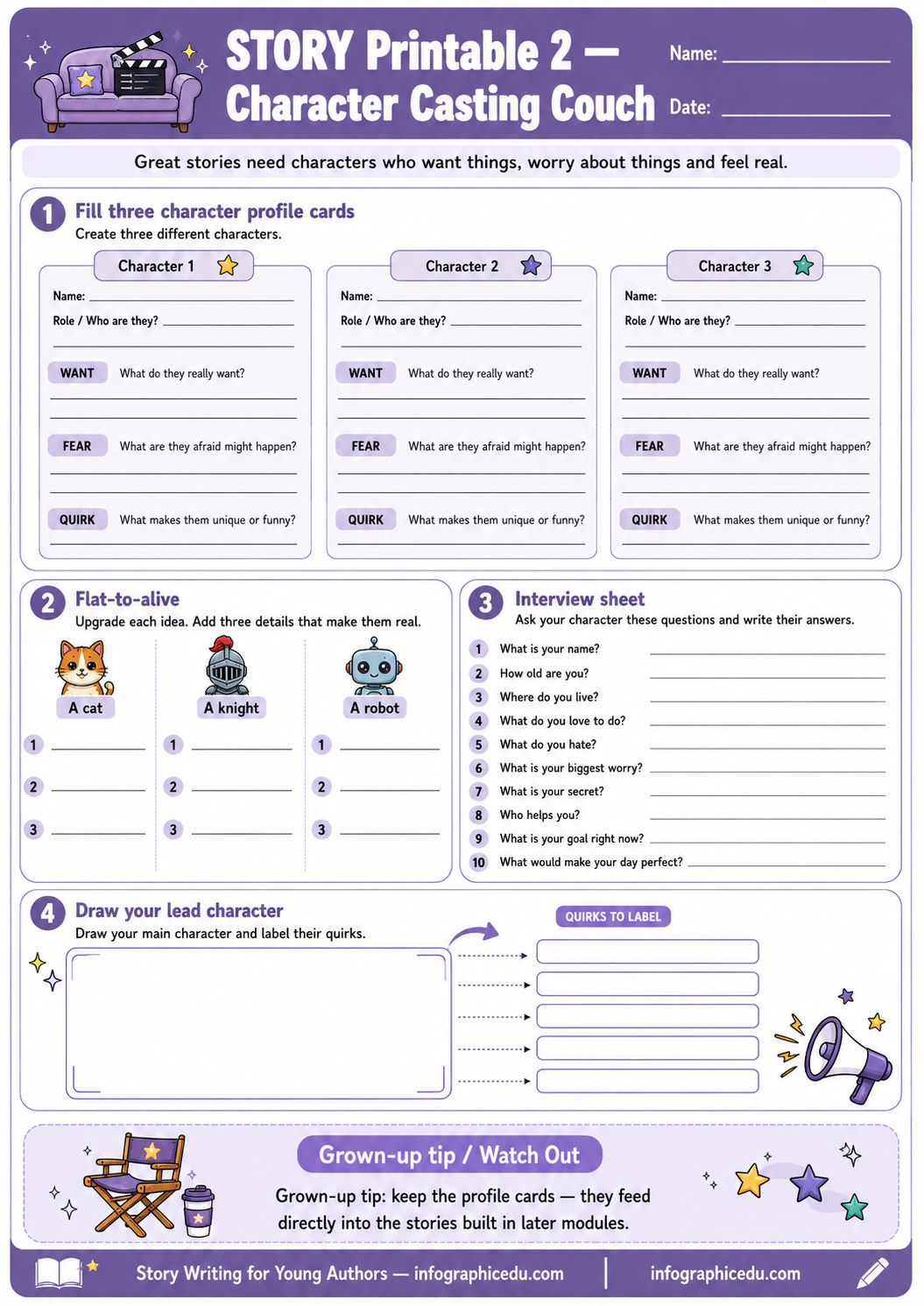 Character casting worksheet for storytelling with a purple border and colorful illustrations.