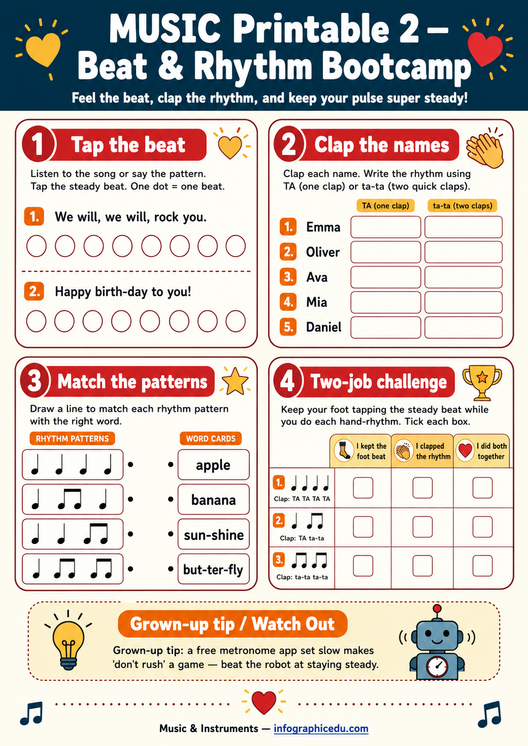 Educational worksheet for music, beat, and rhythm practice with various activities.