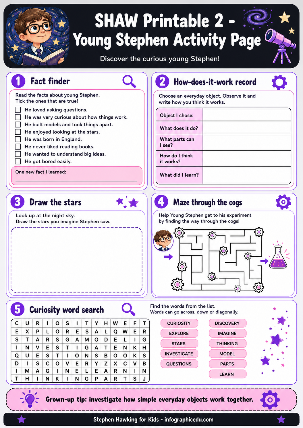 Young Stephen Activity Page with educational activities and a character illustration.