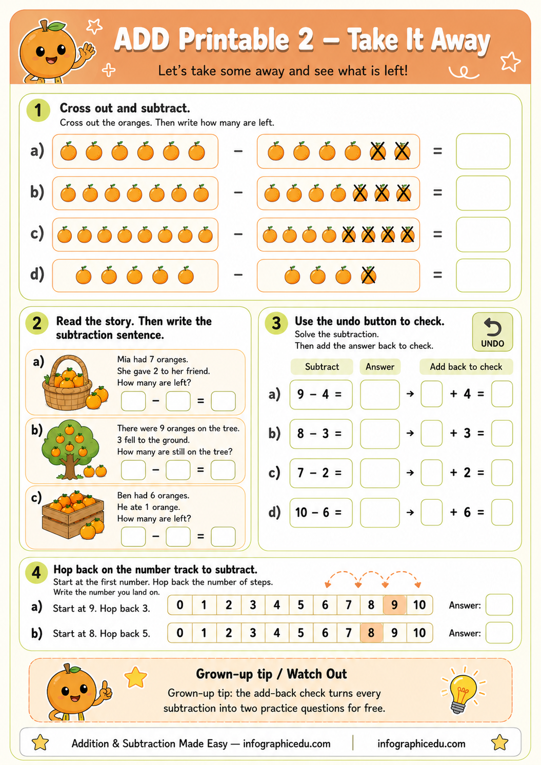 Educational worksheet for addition and subtraction with a cartoon character theme.