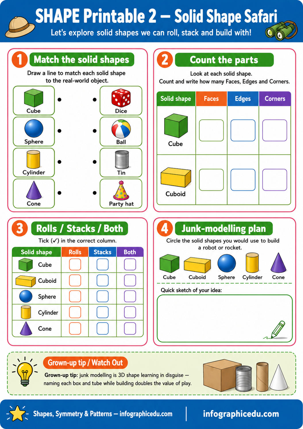 Educational worksheet on solid shapes with various activities and illustrations.