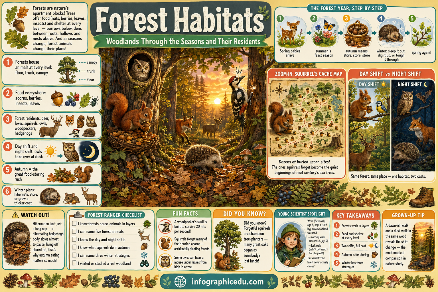 Educational poster about forest habitats with various animals and information.