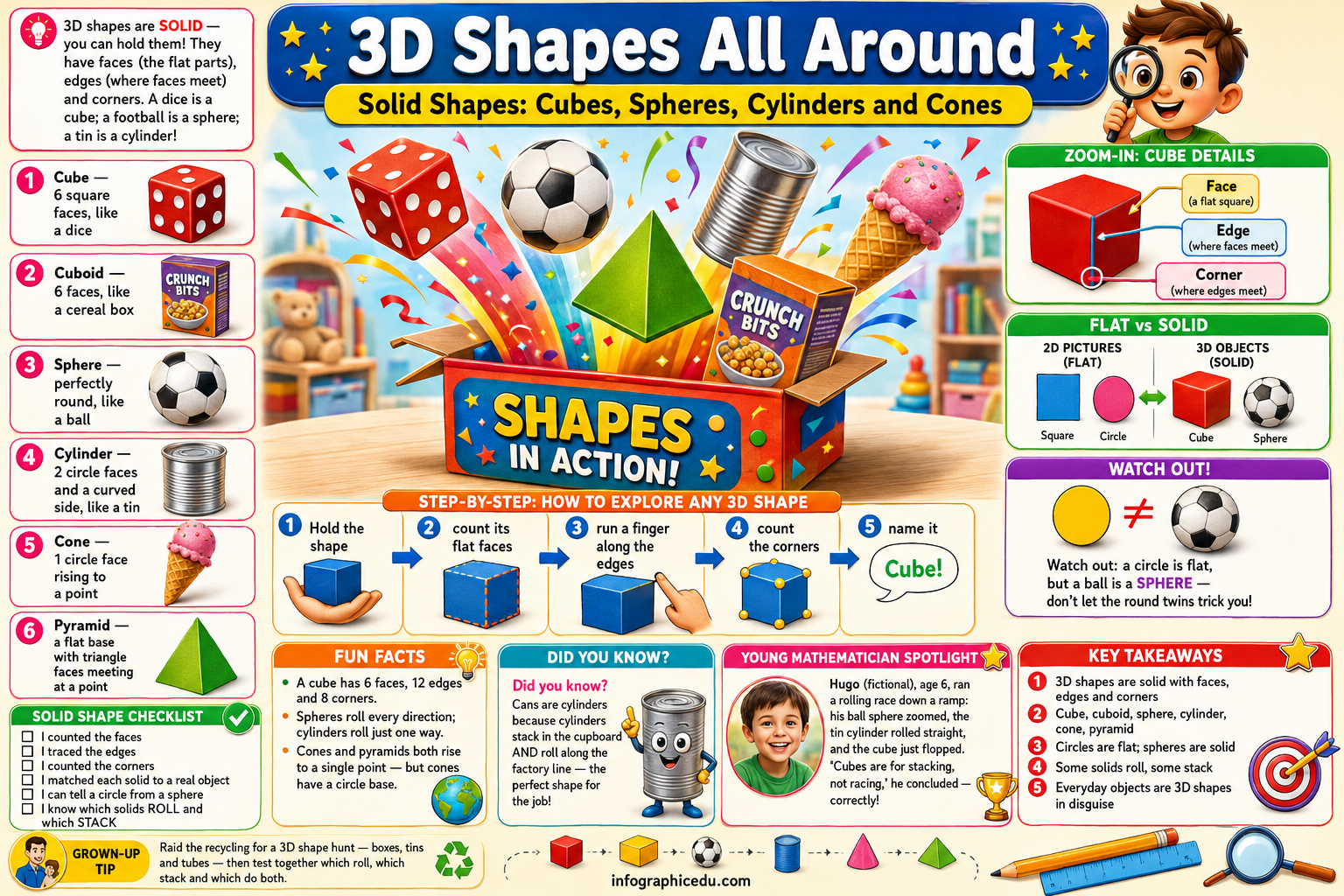 Educational poster about 3D shapes with colorful illustrations and text.