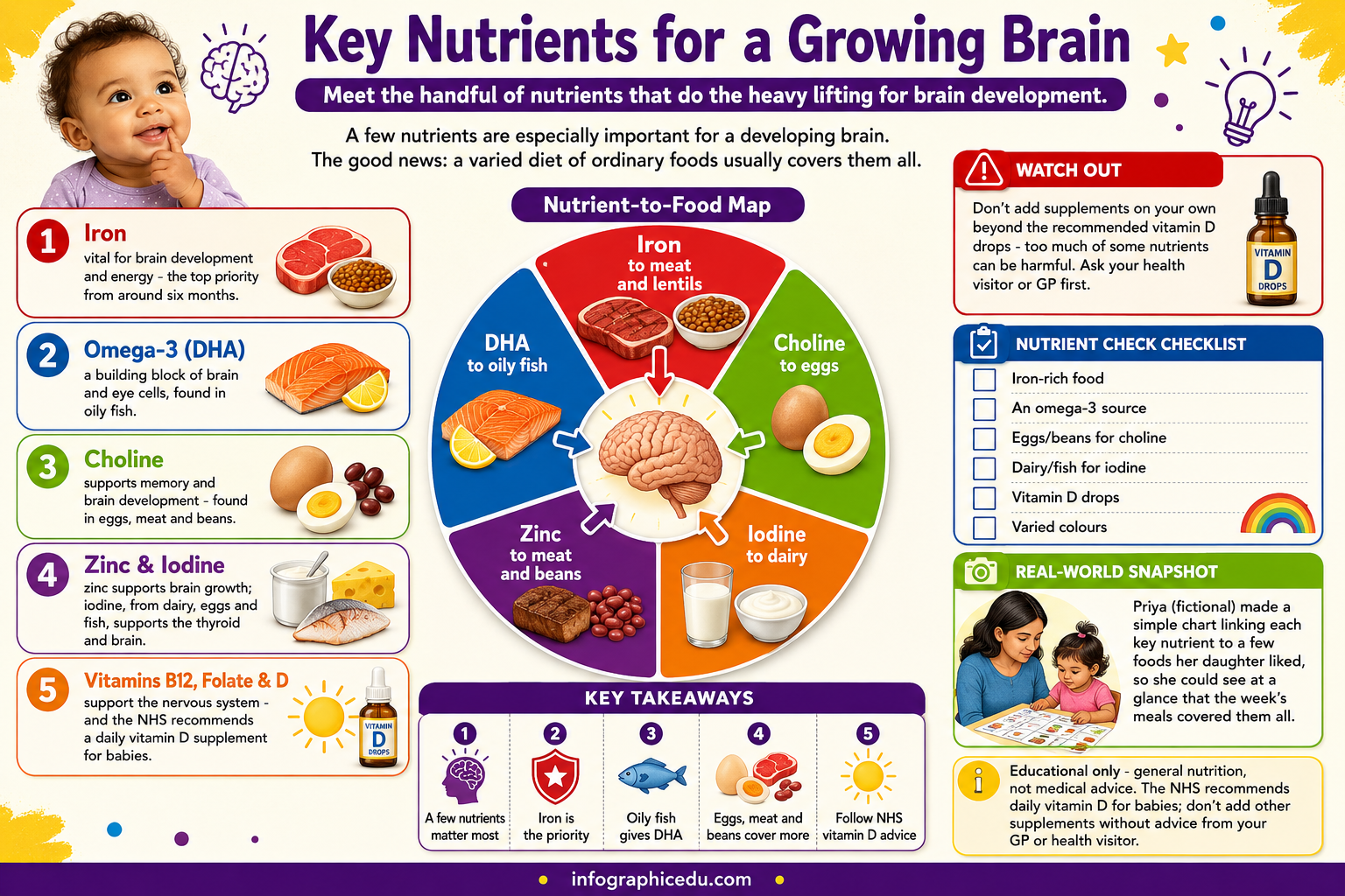 Nutritional infographic for a growing brain with key nutrients and food sources.