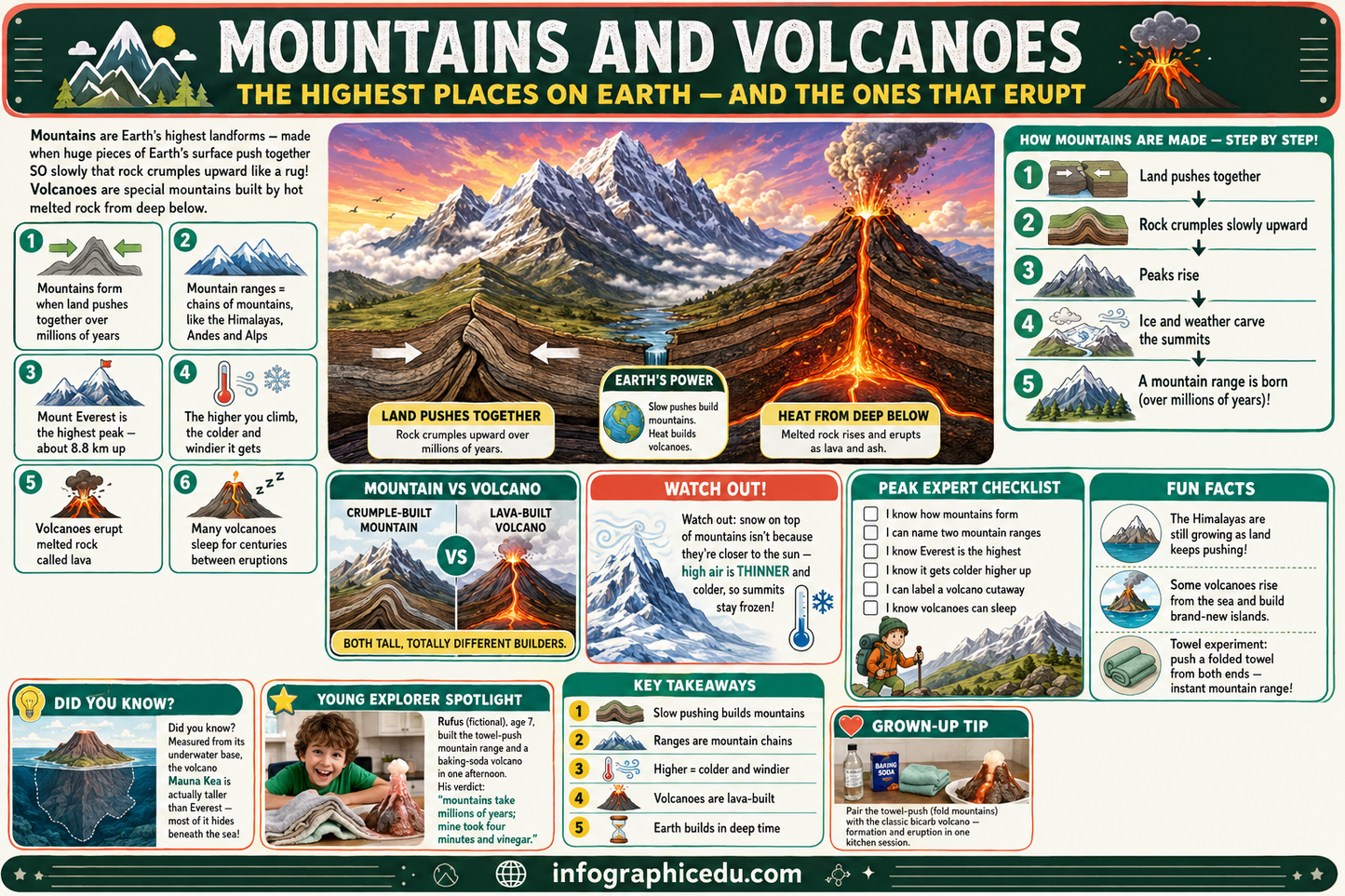 Educational poster about mountains and volcanoes with images and text.
