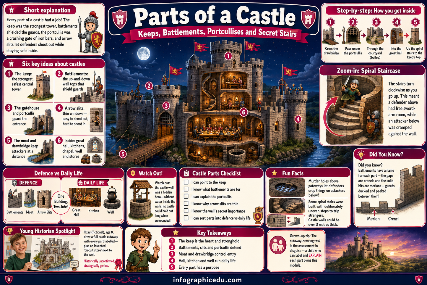 Educational poster about the parts of a castle with illustrations and text.