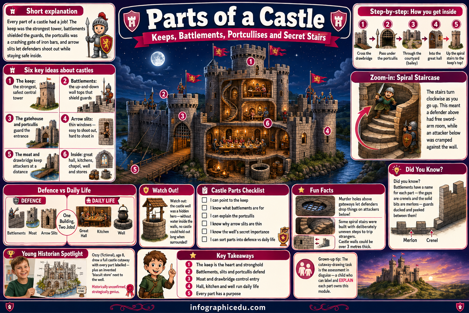 Educational poster about the parts of a castle with illustrations and text.