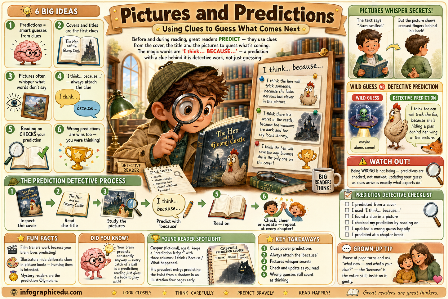 Educational poster on predicting pictures and reading comprehension with illustrations and text.