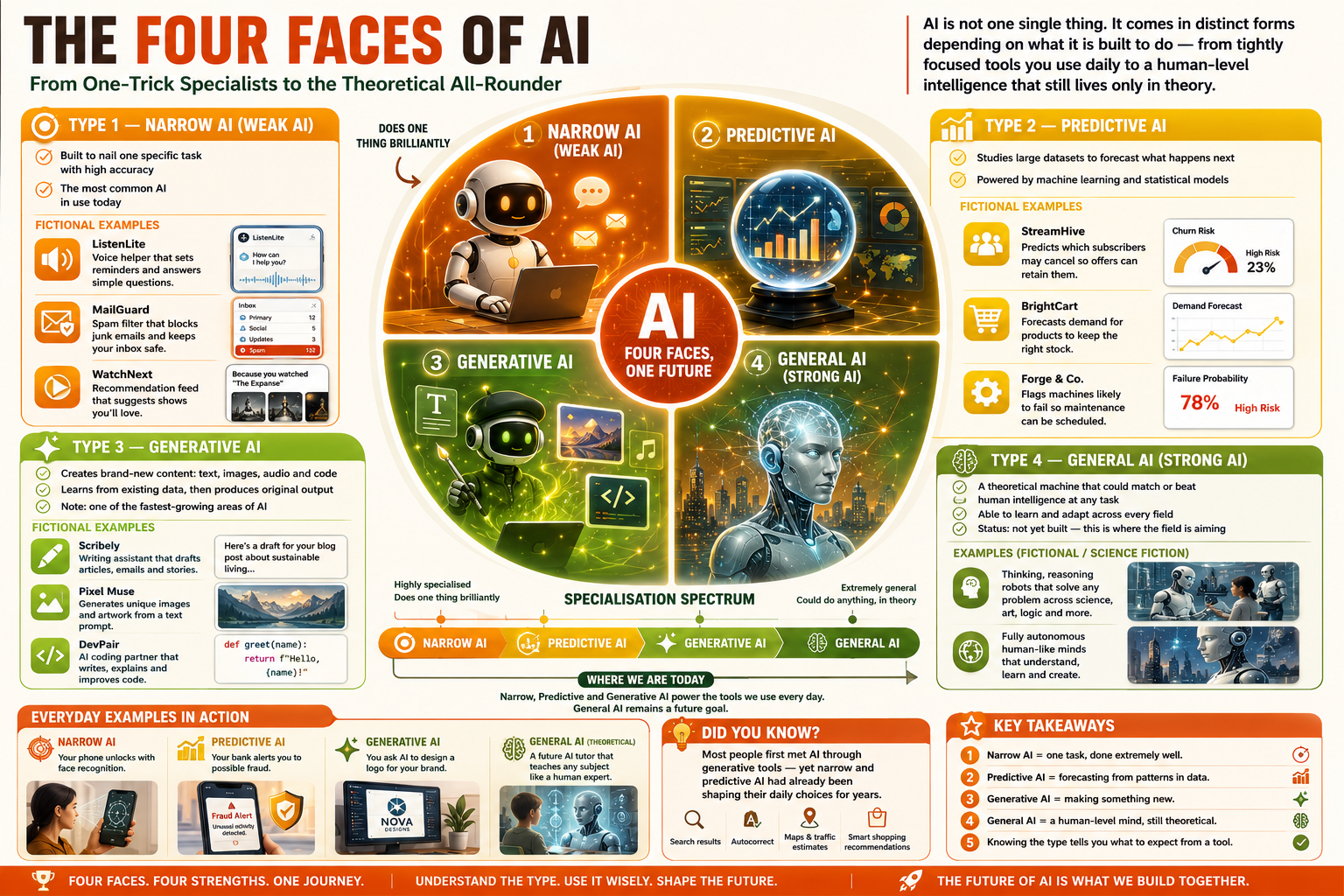 Infographic on the four faces of AI with various examples and descriptions.