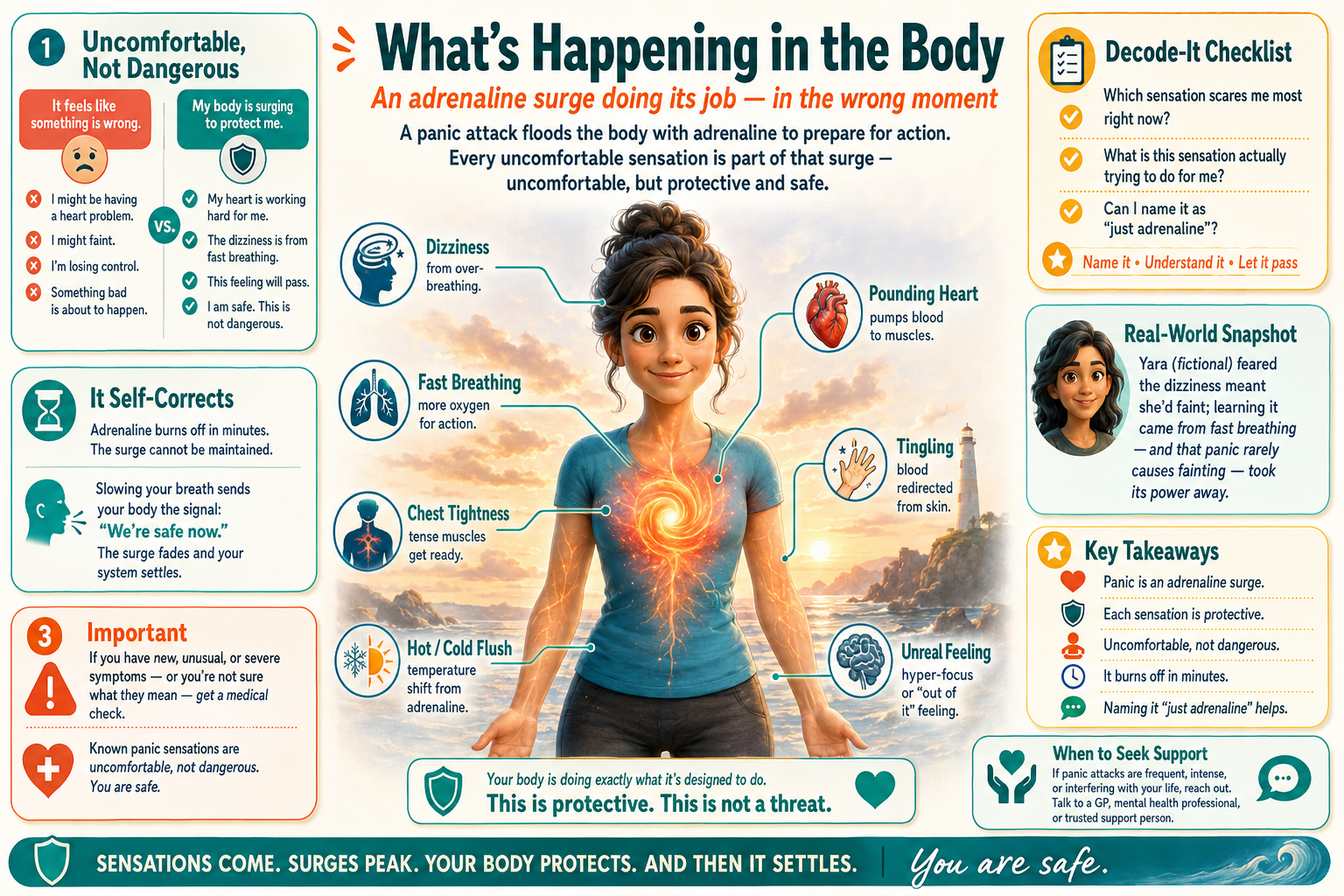 Educational infographic about adrenal surge sensations and responses in the body