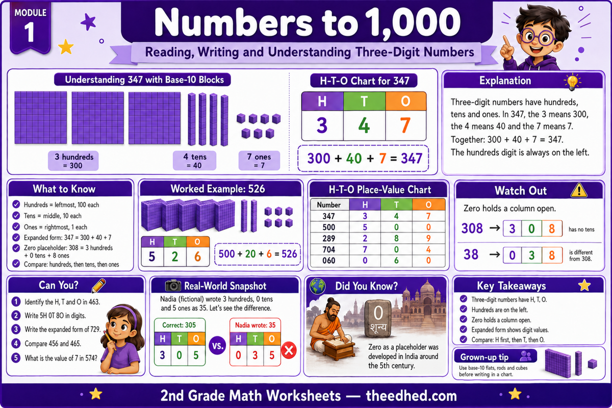 Grade 2 numbers to 1,000 educational infographic with base ten blocks and place value
