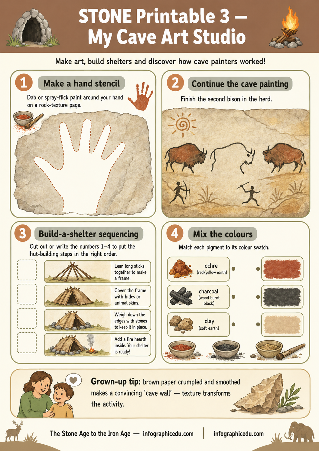 Educational worksheet on creating cave art and shelters with illustrations and text.
