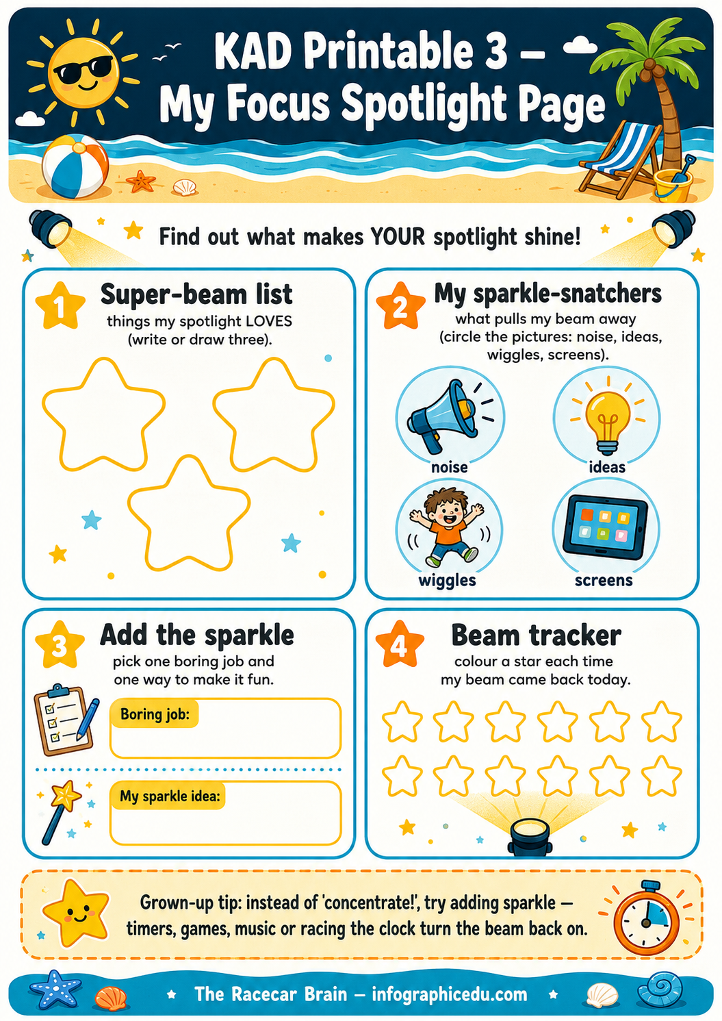 Educational worksheet titled 'KAD Printable 3 - My Focus Spotlight Page' with various activities on a beach-themed background.