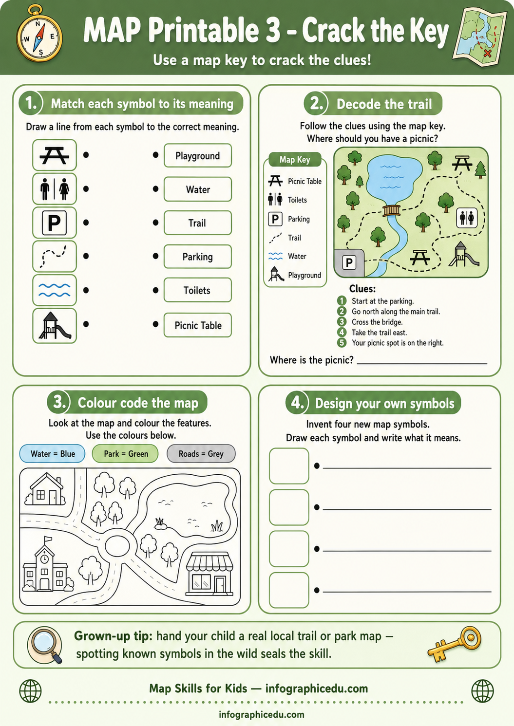 Educational worksheet for children with map skills activities and a key to decode clues.
