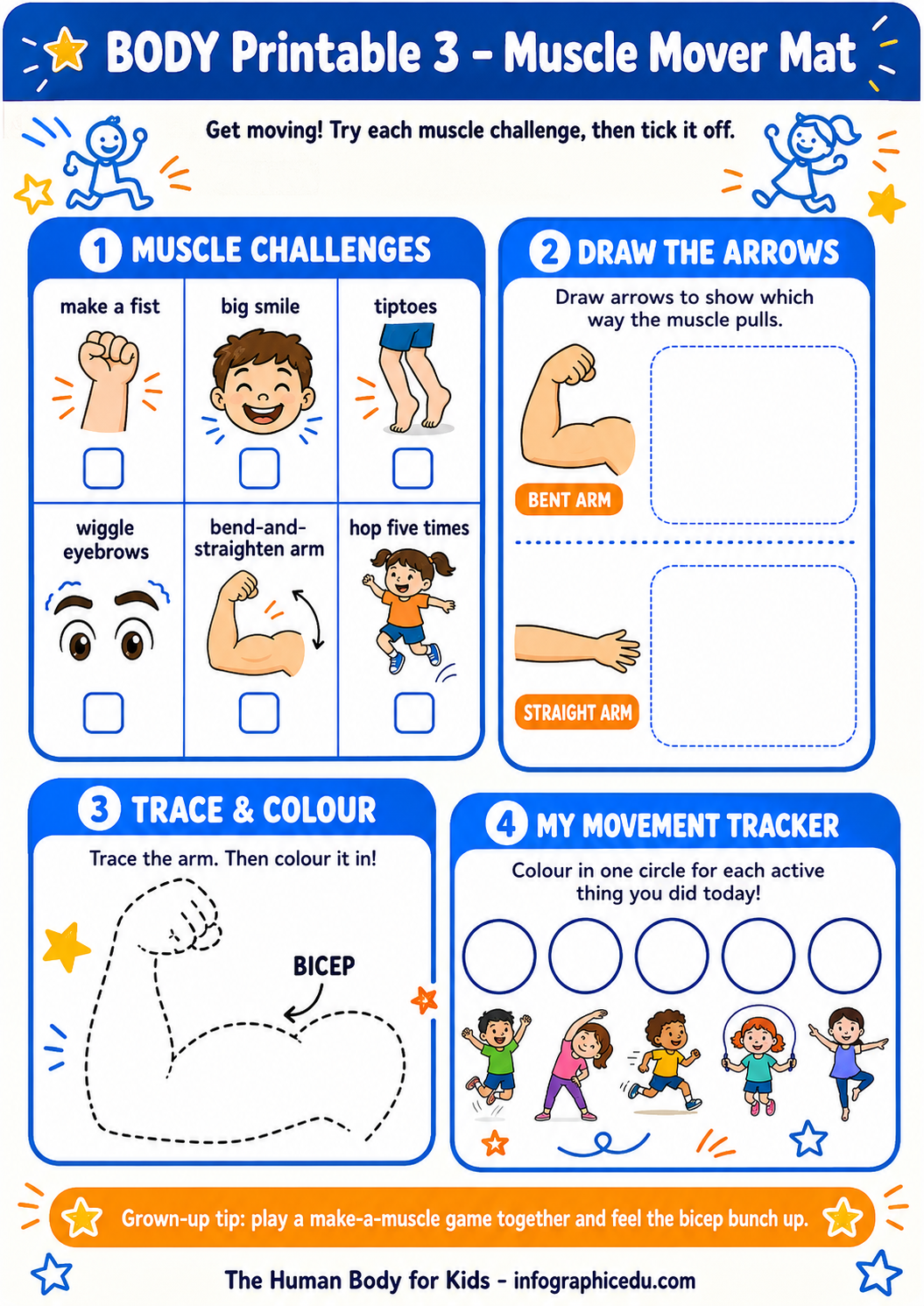 Children's activity sheet with muscle challenges, drawing arrows, tracing, and coloring activities.