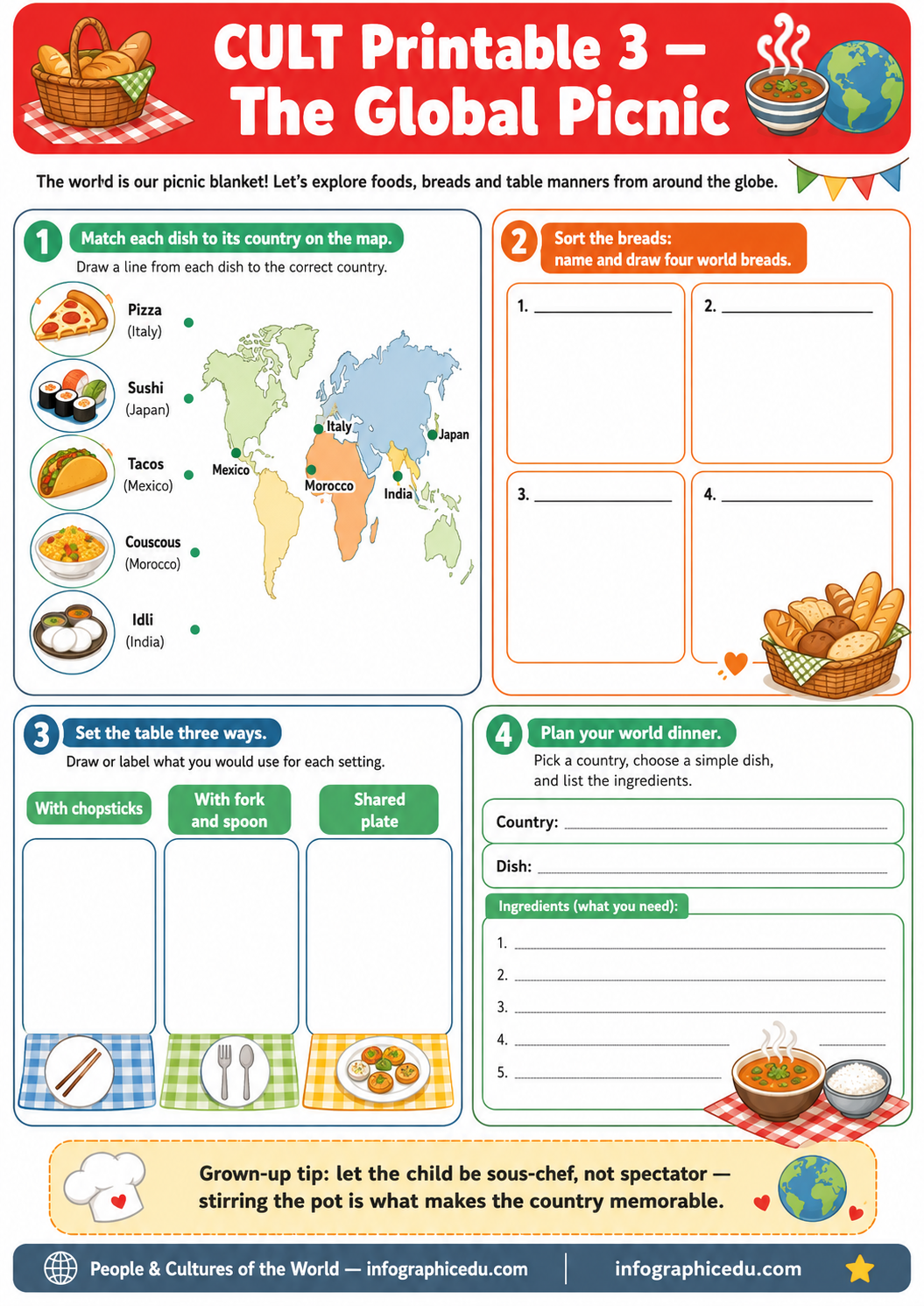 Educational worksheet titled 'CULT Printable 3 - The Global Picnic' with activities related to world cuisine and geography.