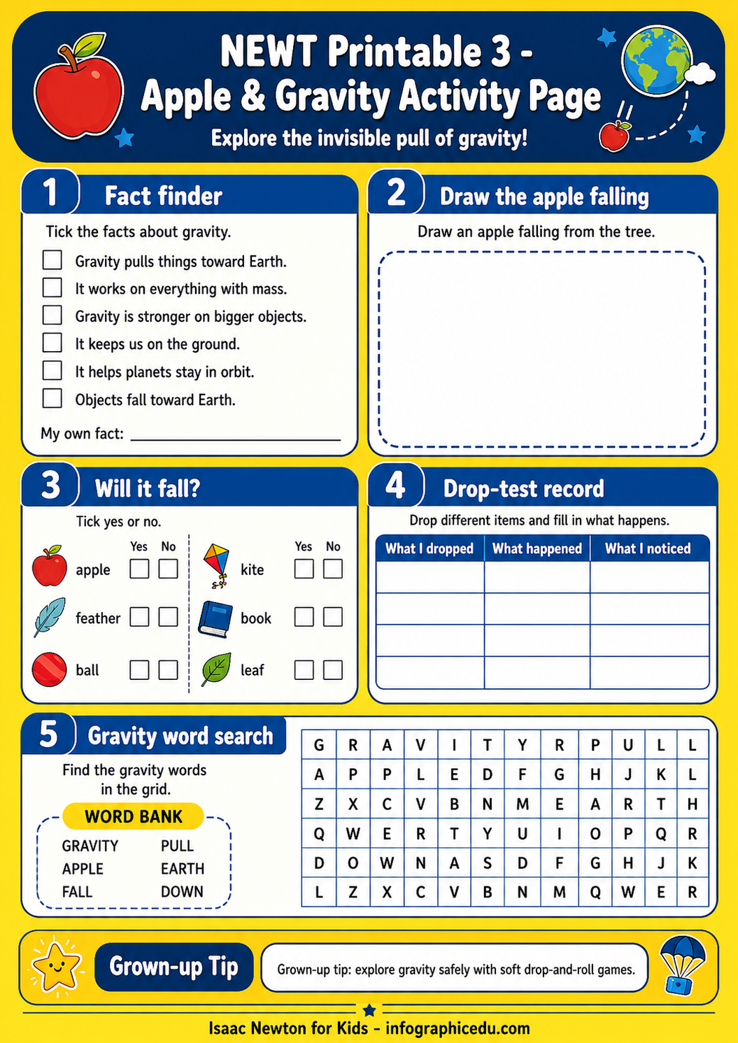 Newt Printable 3 Apple & Gravity Activity Page with educational activities on a yellow background