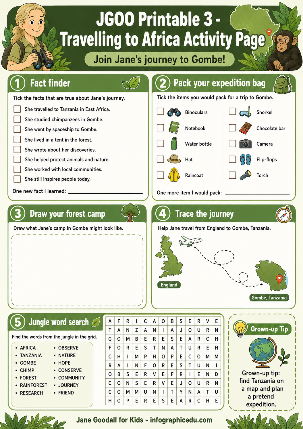Educational activity page for children about travelling to Africa with Jane Goodall's Kids.