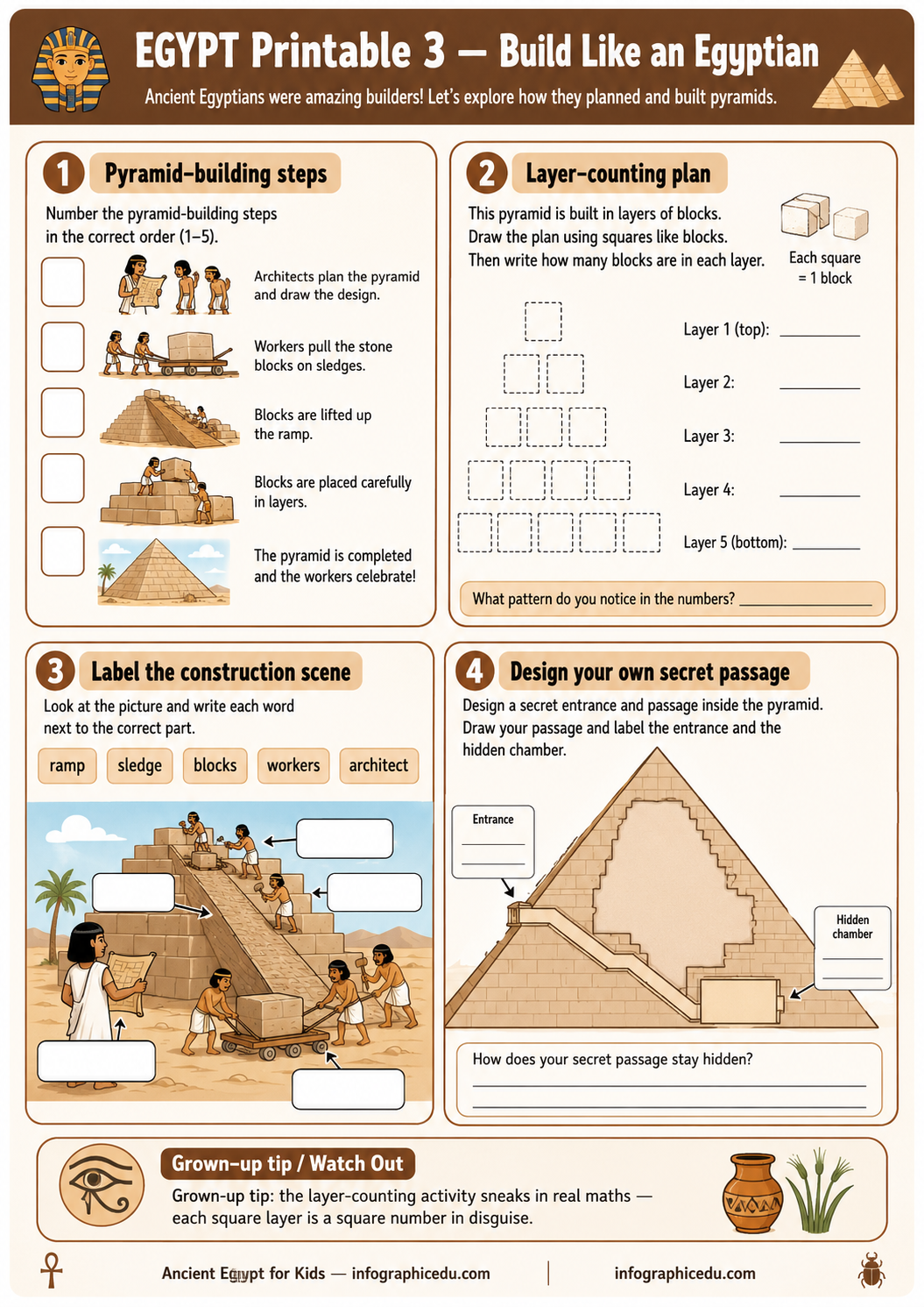 Educational worksheet about ancient Egyptian pyramid construction with illustrations and text.
