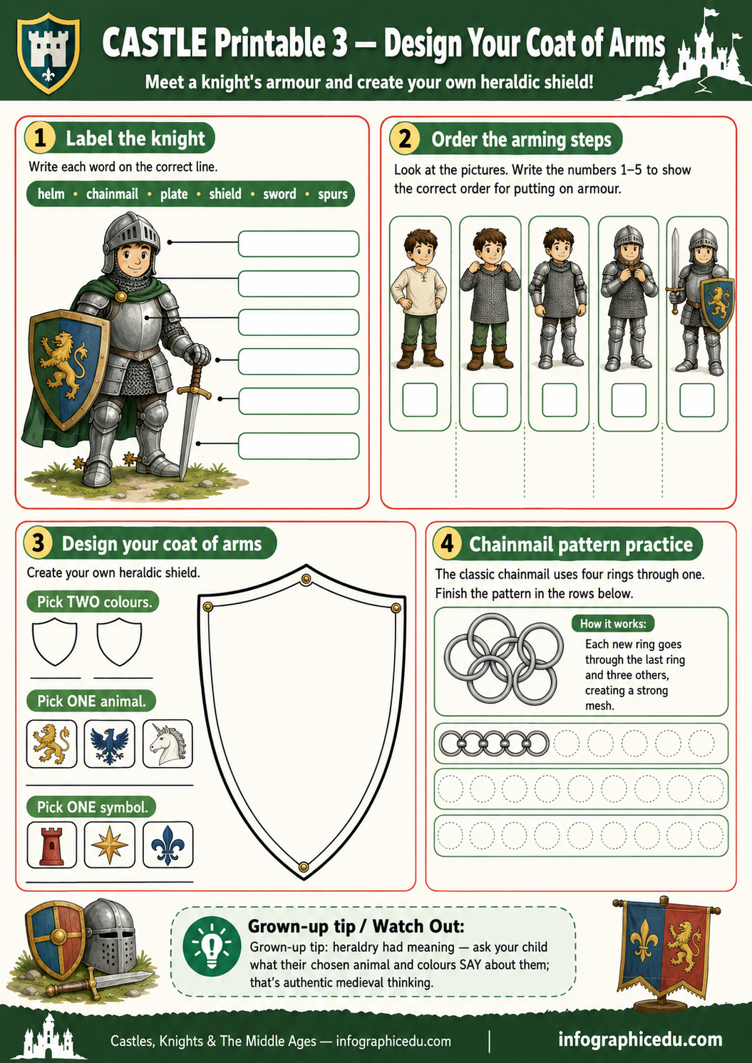Educational worksheet for children to design a coat of arms with knight and shield illustrations.
