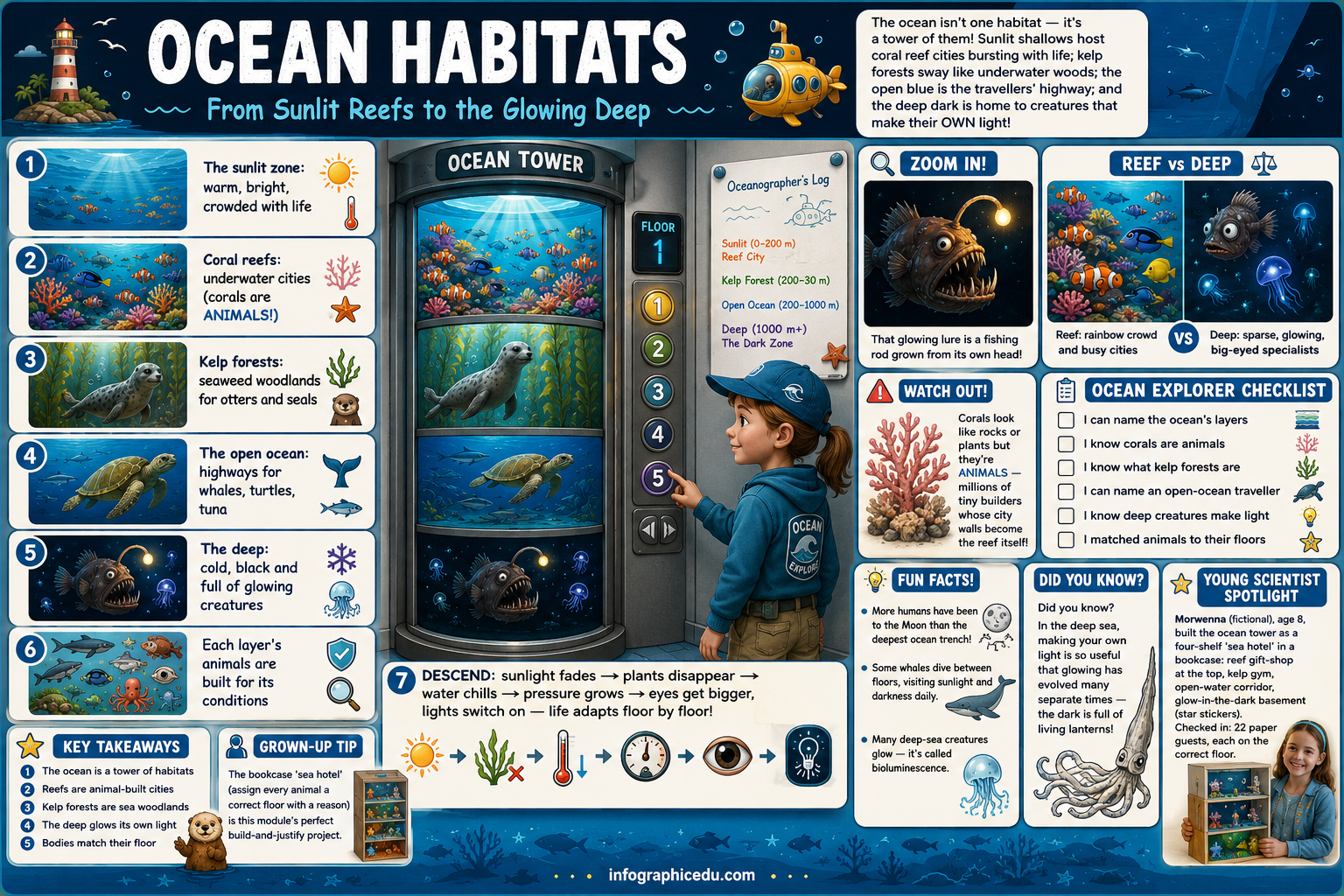 Educational poster about ocean habitats with illustrations and text.