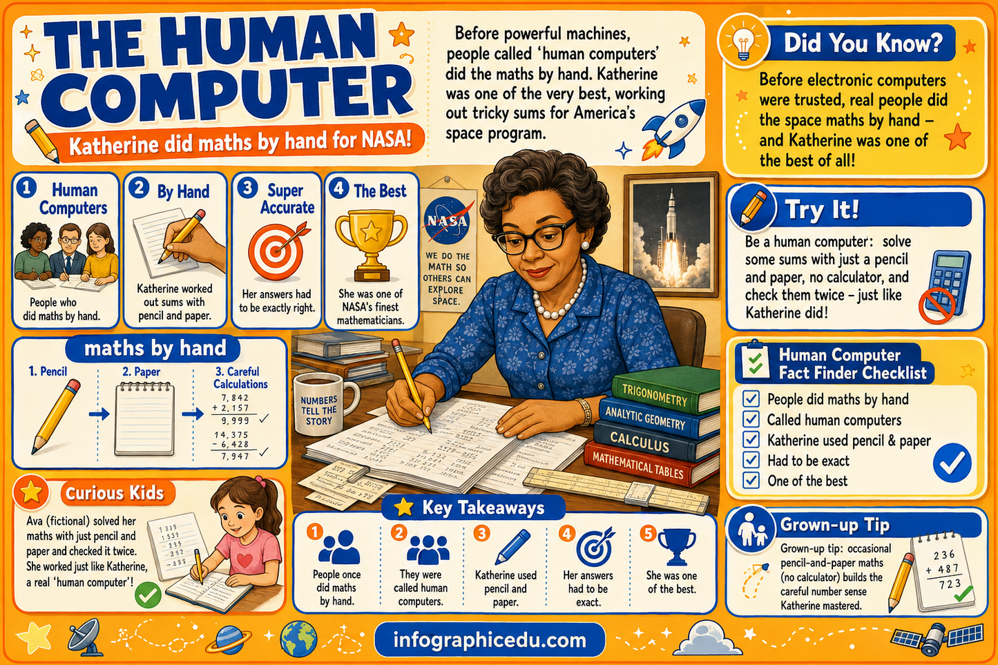 Educational infographic about Katherine Johnson and her role as a 'human computer' for NASA.