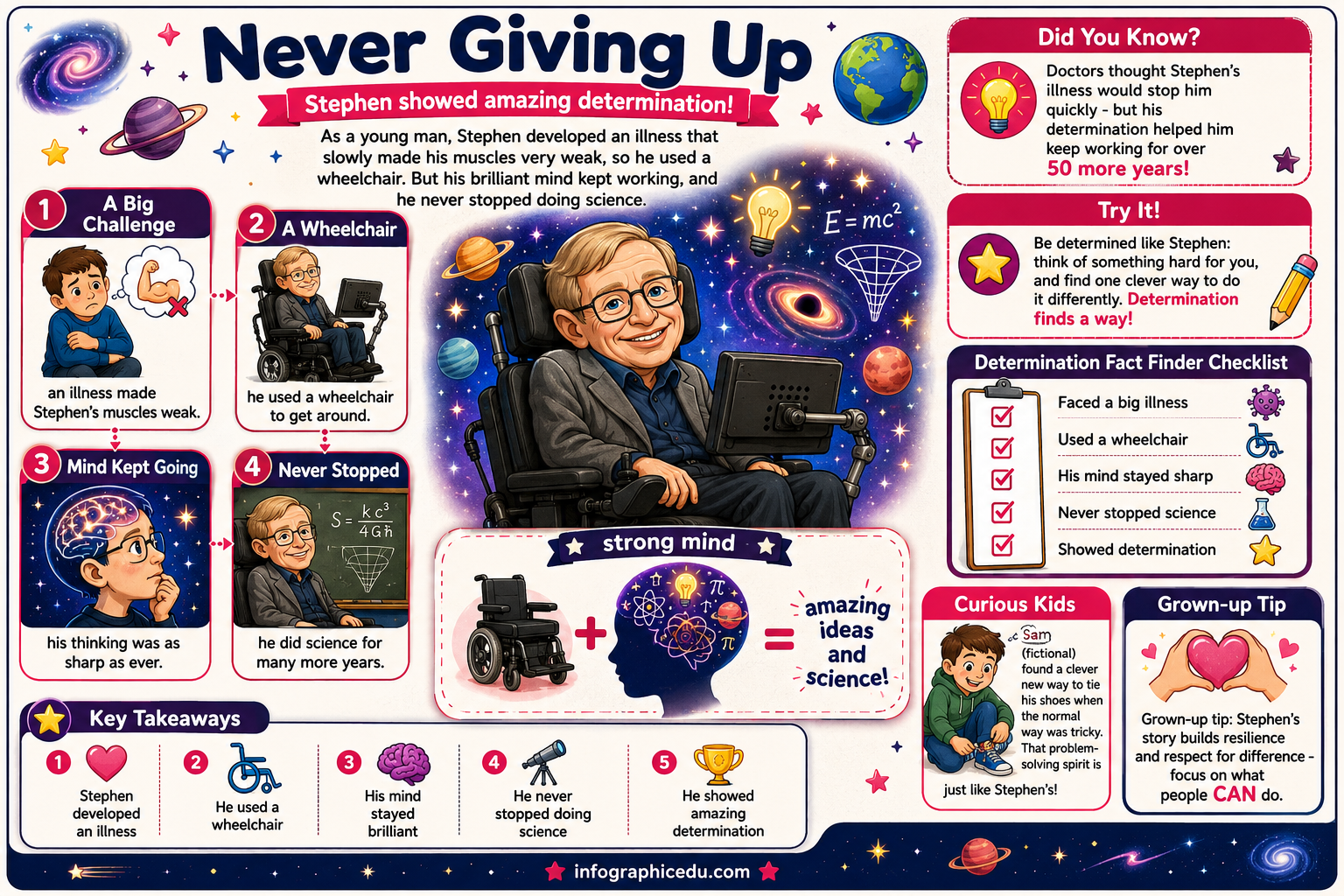 Educational poster about Stephen's determination and achievements, featuring images and text.