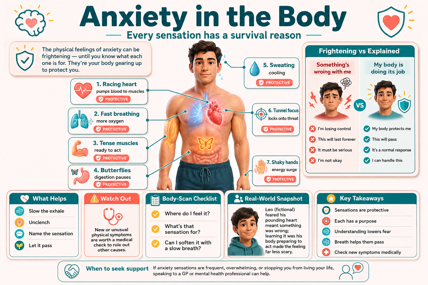 Educational infographic about anxiety in the body with anatomical illustrations and text.
