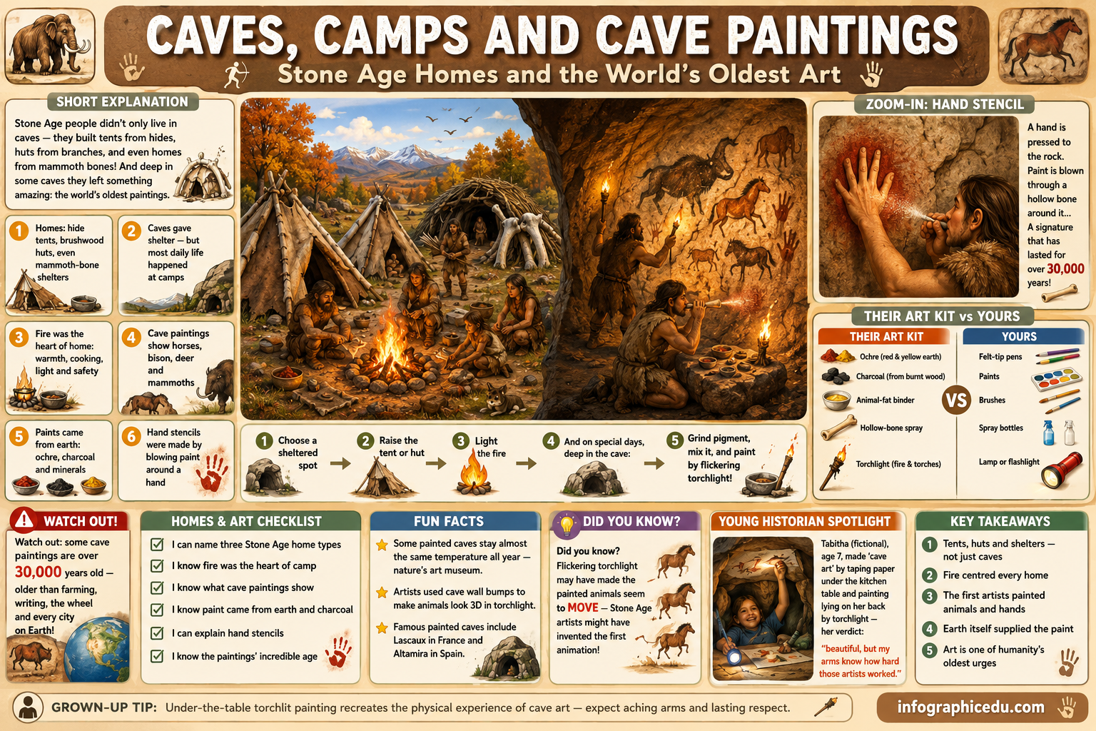 Educational poster about caves, camps, and cave paintings with illustrations and text.