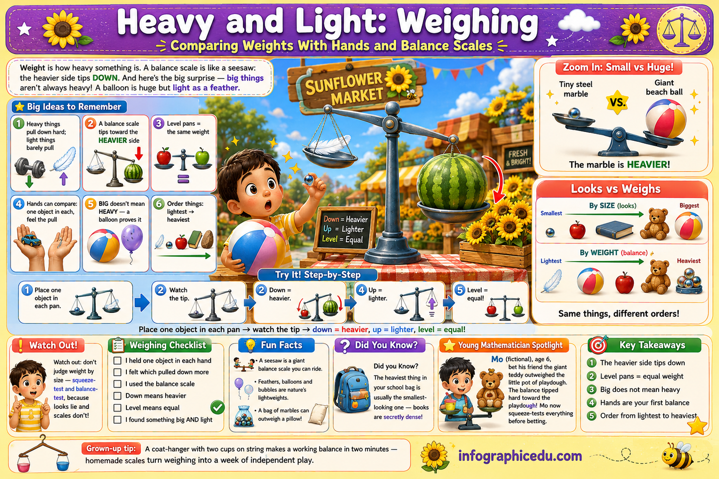 Educational poster about heavy and light objects using balance scales, featuring a child and various objects.
