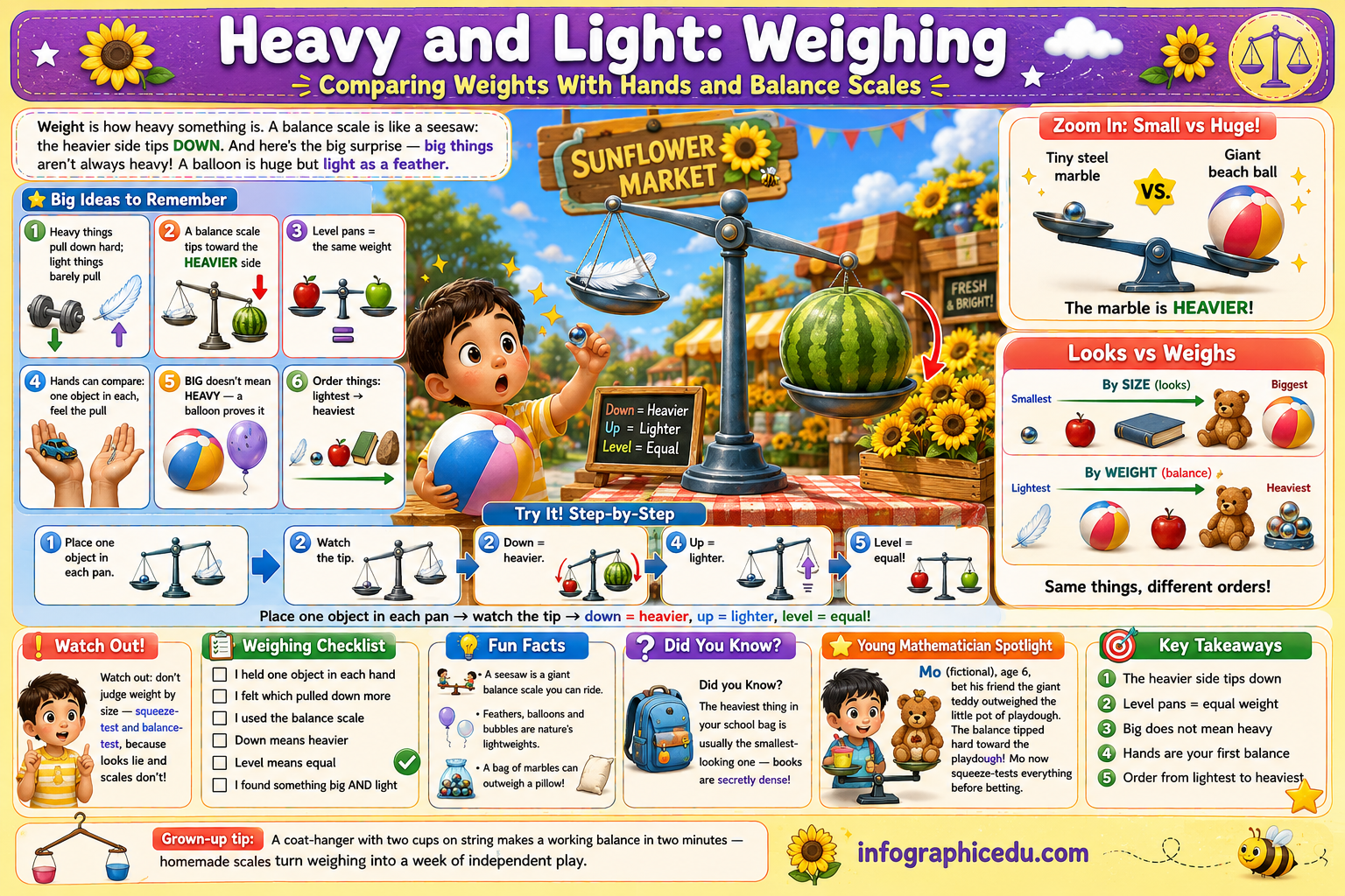 Educational poster about heavy and light objects using balance scales, featuring a child and various objects.