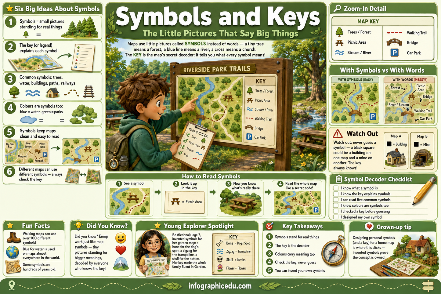 Educational poster about symbols and keys with illustrations and text.
