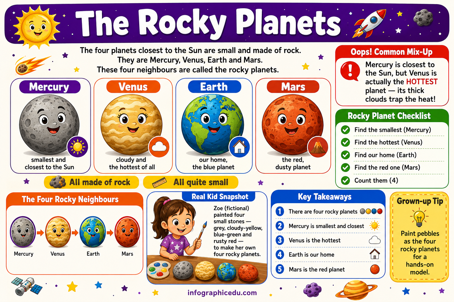 Educational poster about the rocky planets with cartoon illustrations and text.