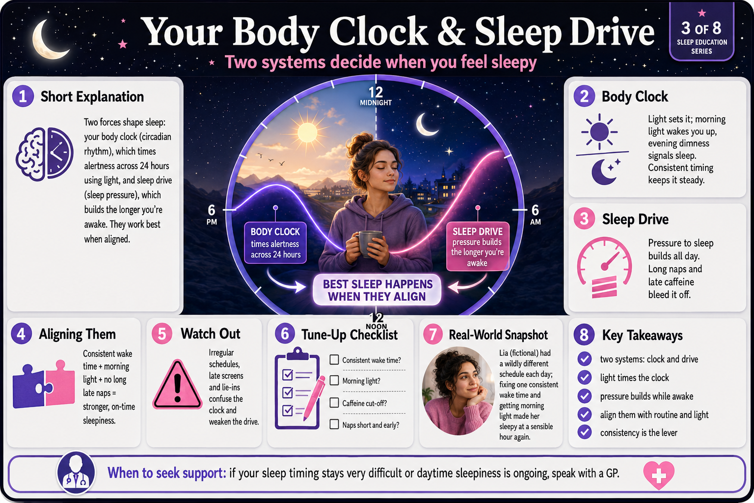 Educational graphic about body clock and sleep drive with a woman and moon phases illustration.