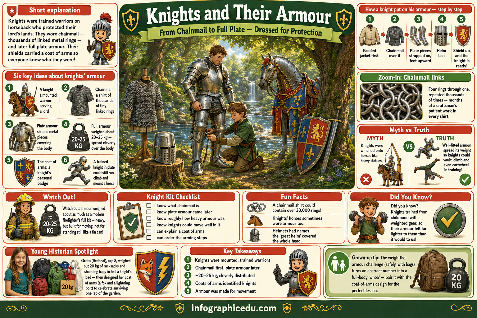 Educational infographic about knights and their armour with images and text.