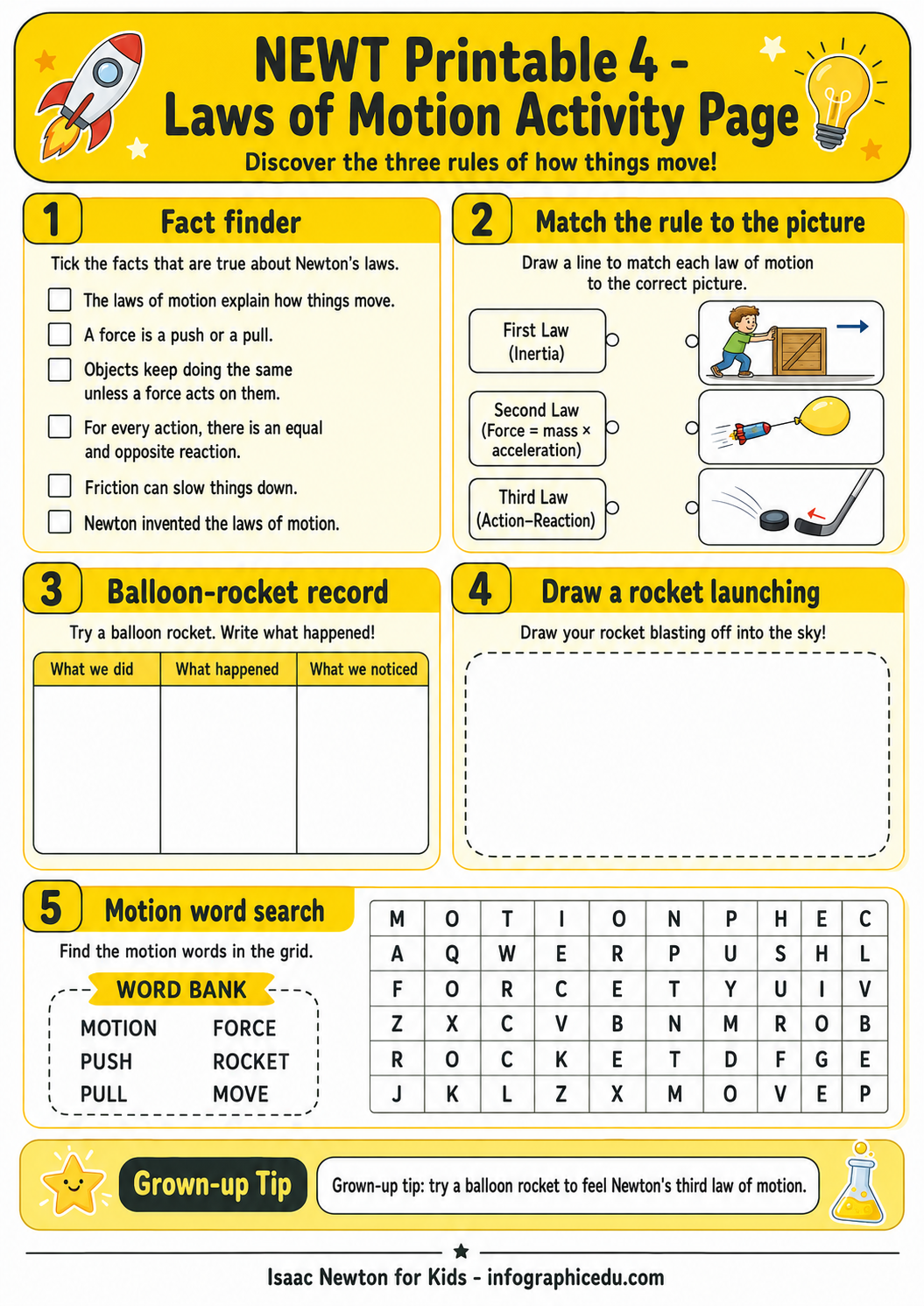Newt Printable 4 - Laws of Motion Activity Page with educational activities and illustrations.