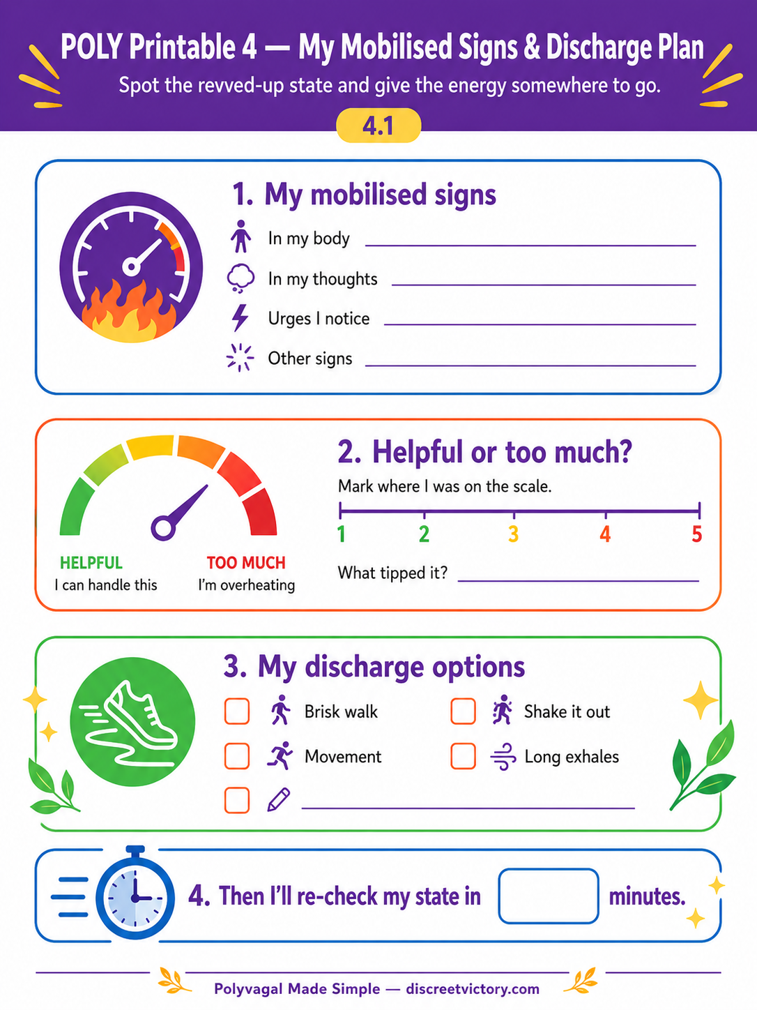 Mobilised Signs & Discharge Plan worksheet with colorful graphics and text.