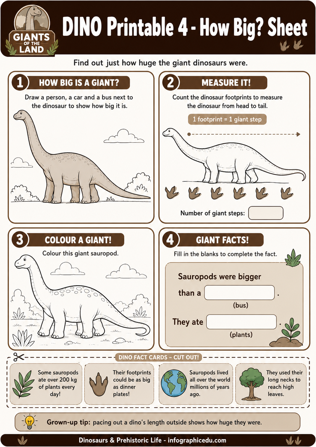 Dinosaur-themed activity sheet for children to measure and color dinosaurs, with text and graphics on a brown background.
