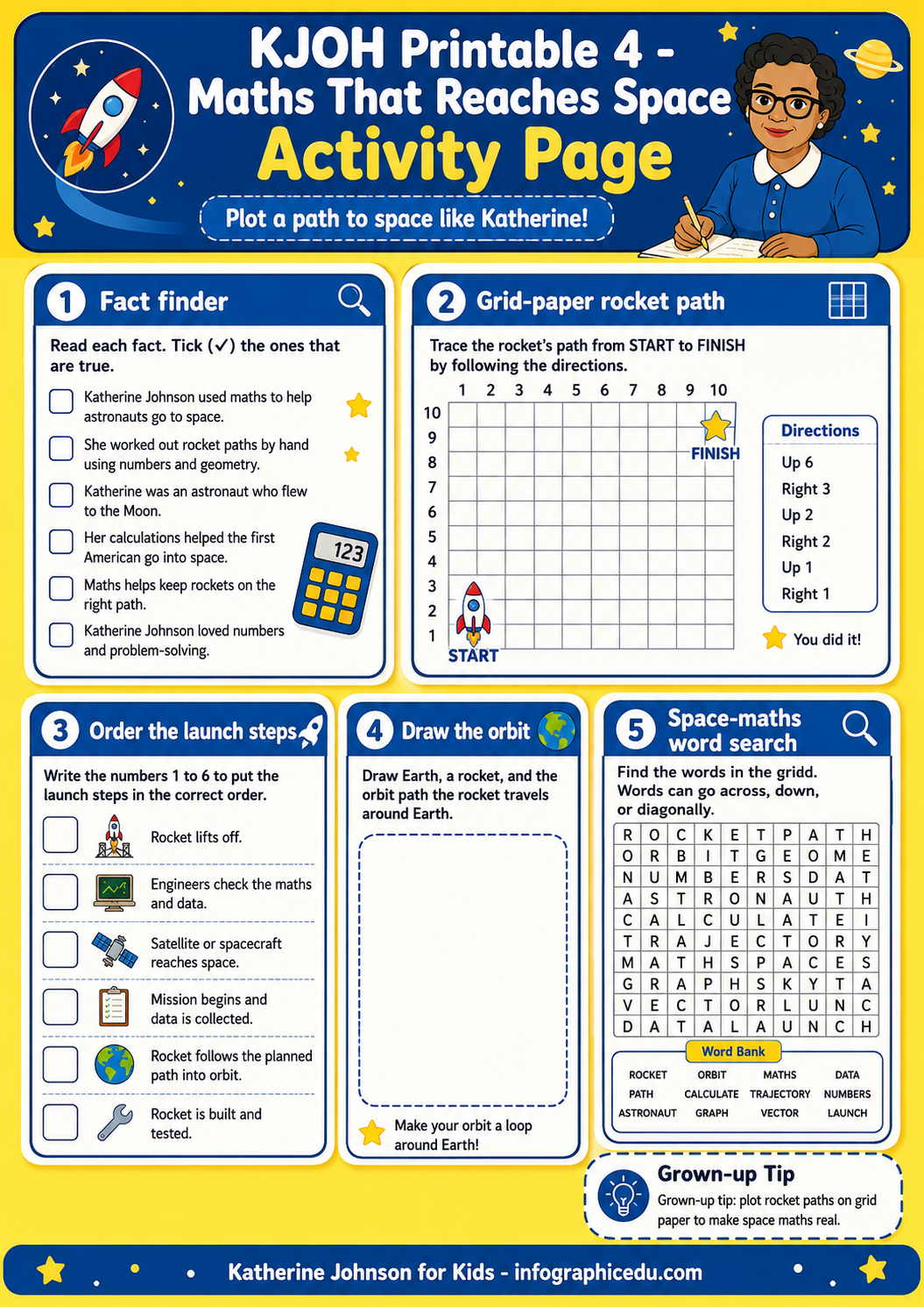 Educational activity page for children with space-themed tasks and graphics.