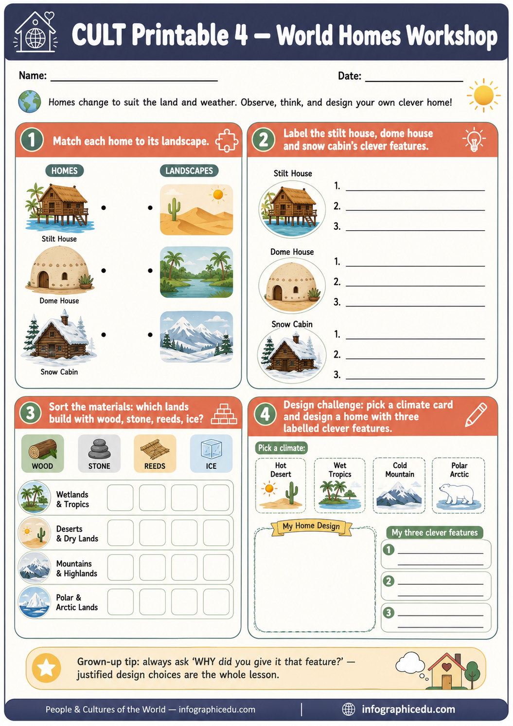 Educational worksheet titled 'CULT Printable 4 - World Homes Workshop' with various activities and illustrations.