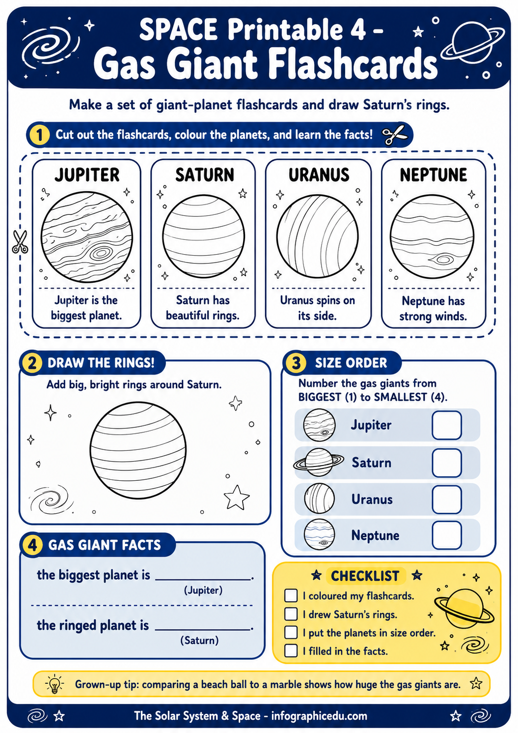Space-themed flashcards for gas giants with illustrations and facts.