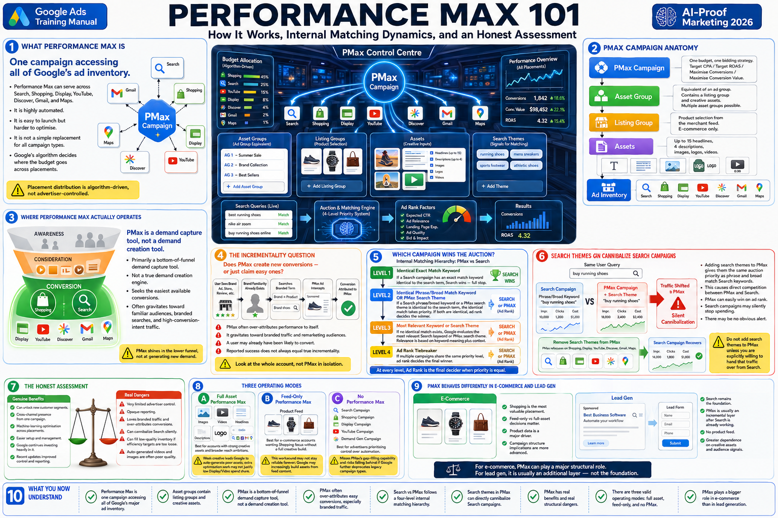 Infographic on Google Ads Performance Max 101 with various sections and graphics.
