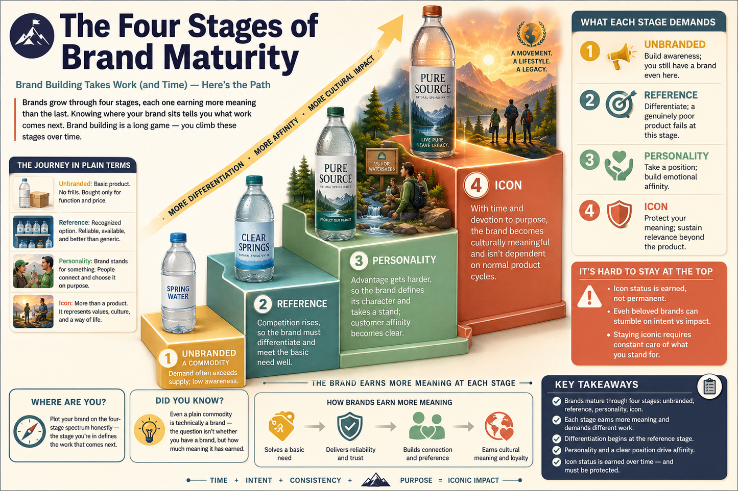 Infographic titled 'The Four Stages of Brand Maturity' with branding examples and stages explained.