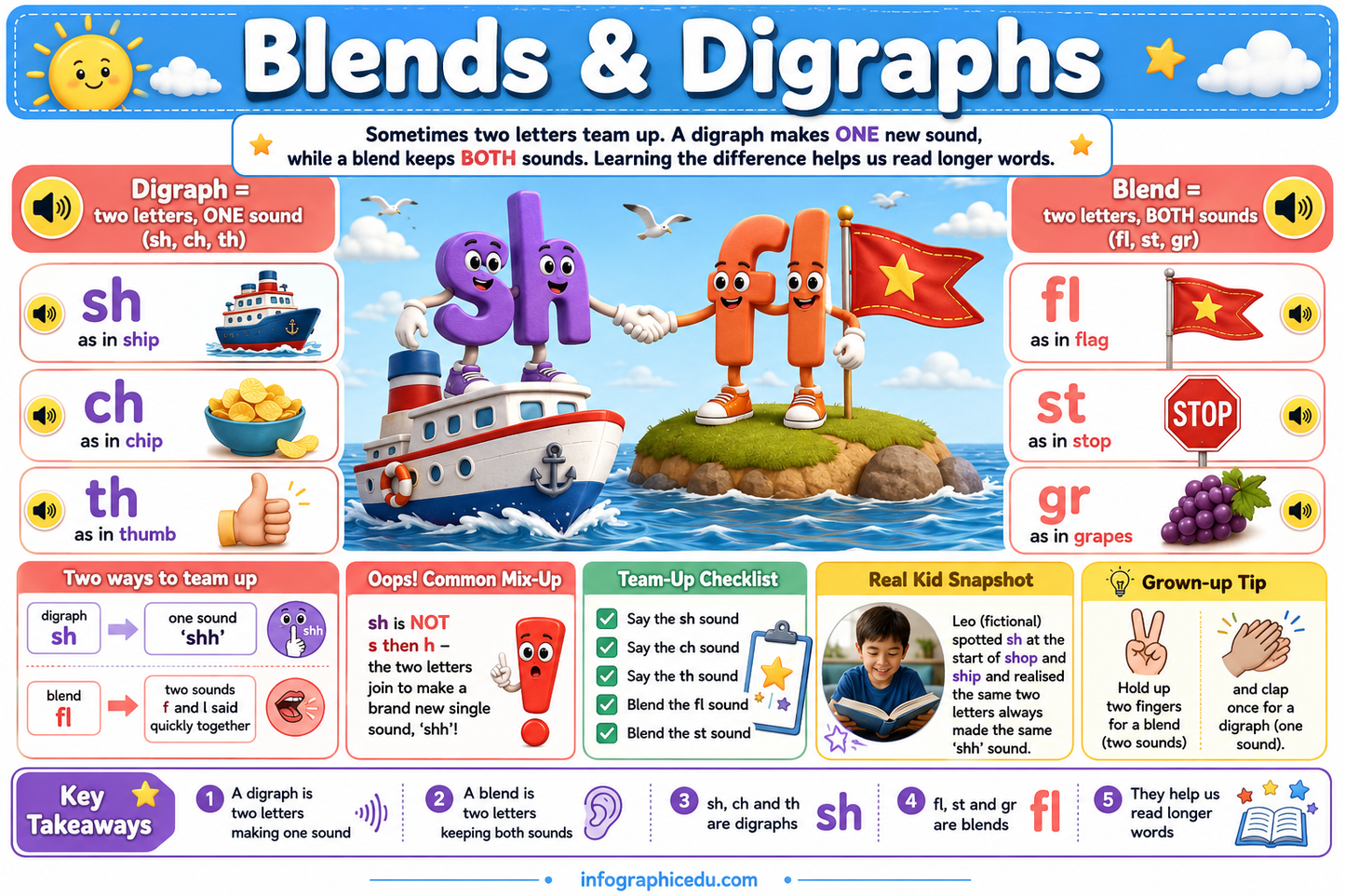 Educational poster about blends and digraphs with colorful illustrations and text.
