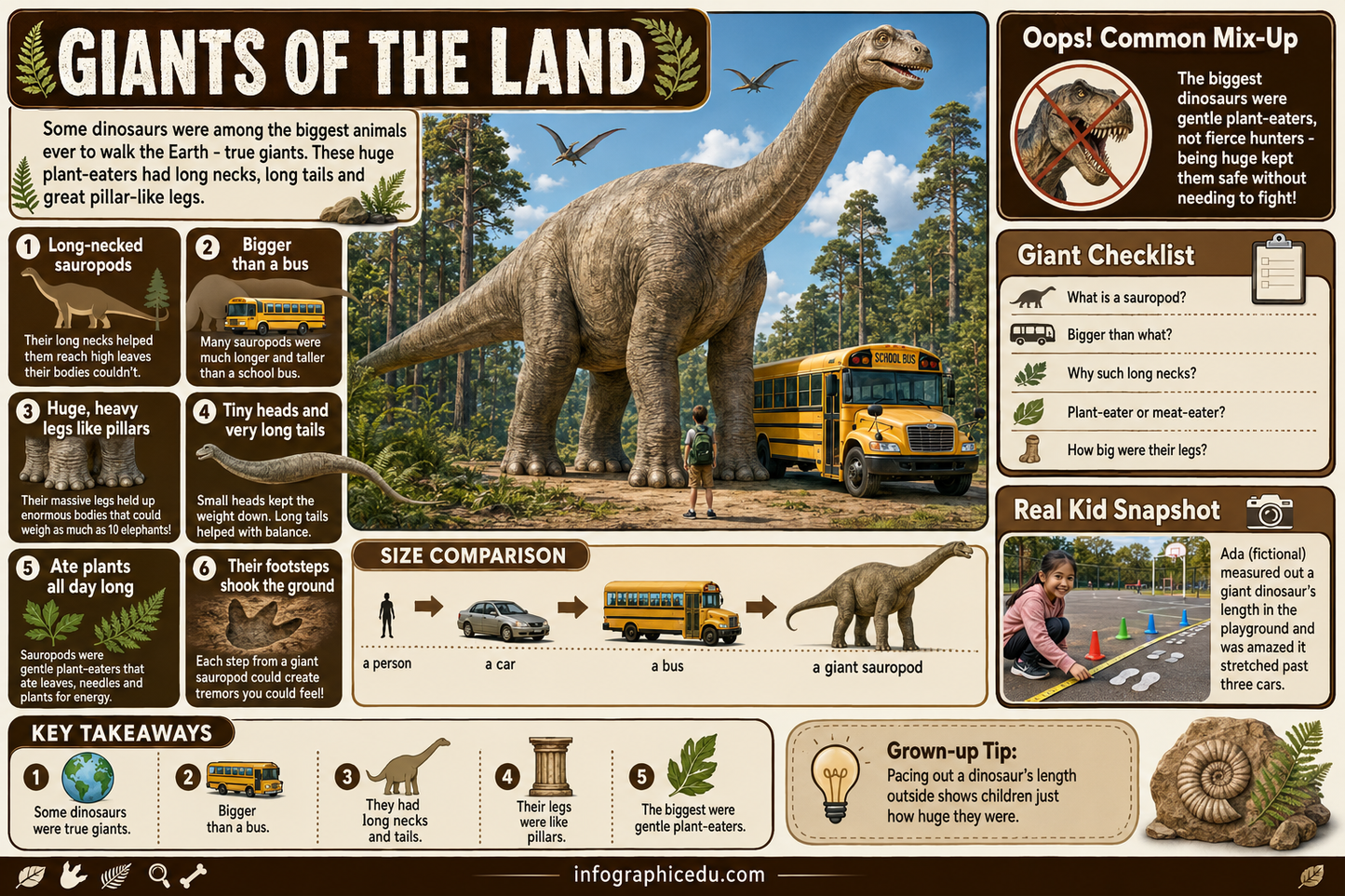 Educational infographic about dinosaurs with a large dinosaur model, school bus, and size comparison chart.