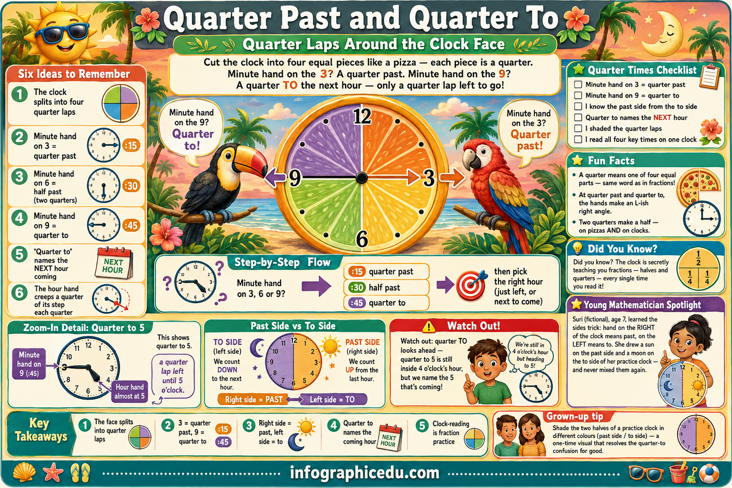 Educational poster about telling time with a clock illustration and tropical decorations.