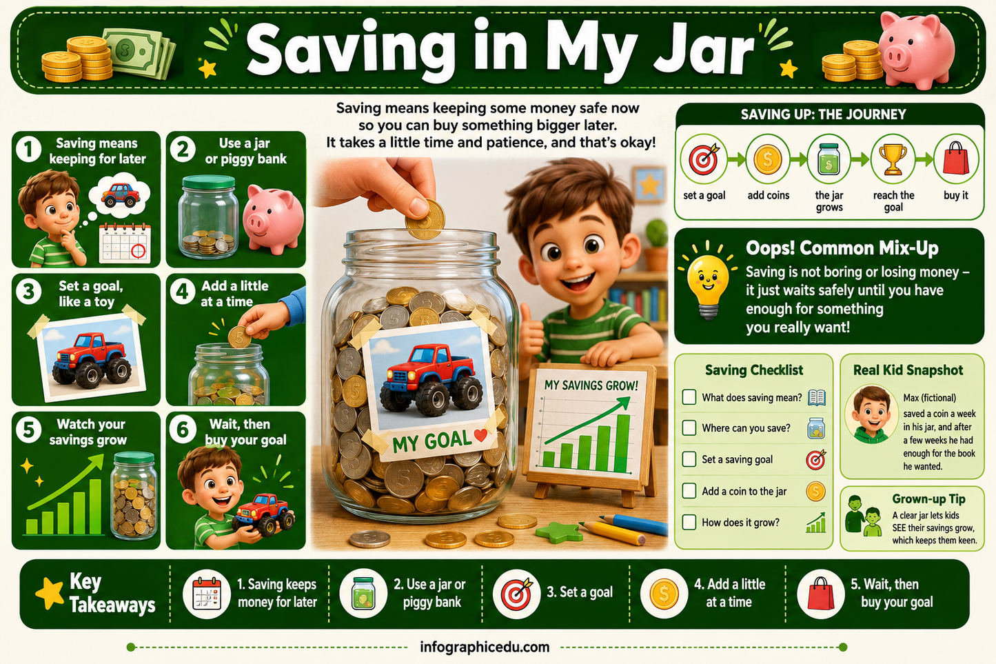 Educational infographic on saving money titled 'Saving in My Jar' with illustrations and text.