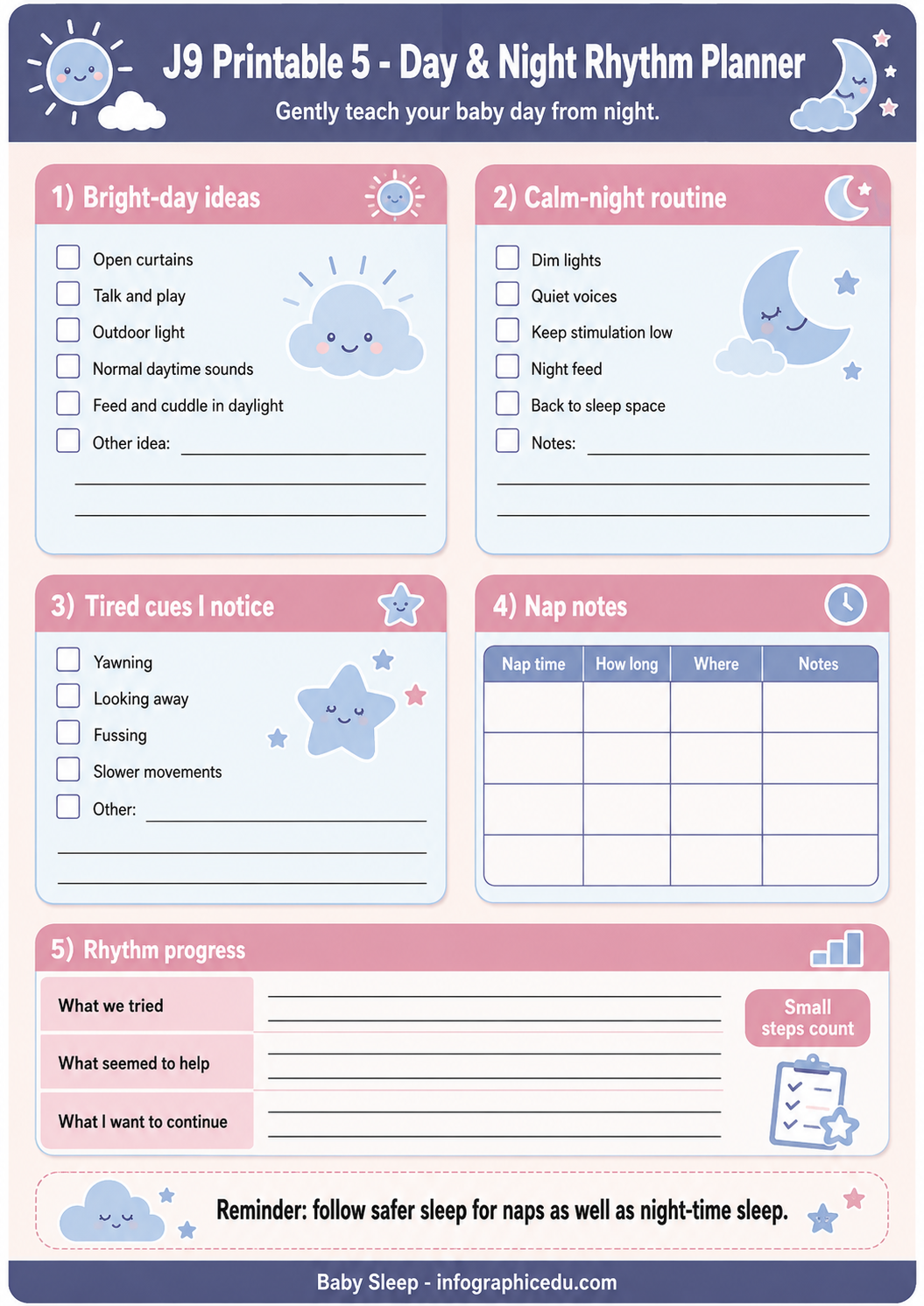 Day and Night Rhythm Planner for babies with checklists and illustrations on a blue background.
